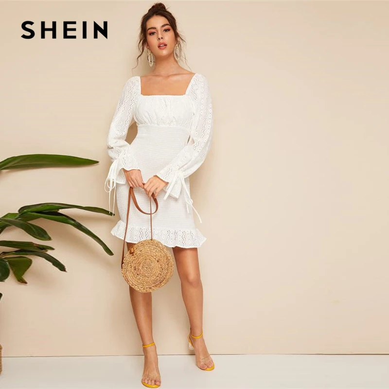 SHEIN Оригинальное Платье В Стиле 80-х С Квадратным Вырезом, Легкое Летнее Облегающее Платье С Ажурными Рукавами