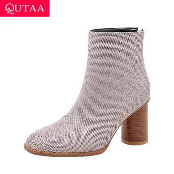 

QUTAA 2020 Autumn Winter Warm Fur Short Boots Zipper Sequins PU Leather Fashion Square High Heel Women Ankle Boots Size 34-43