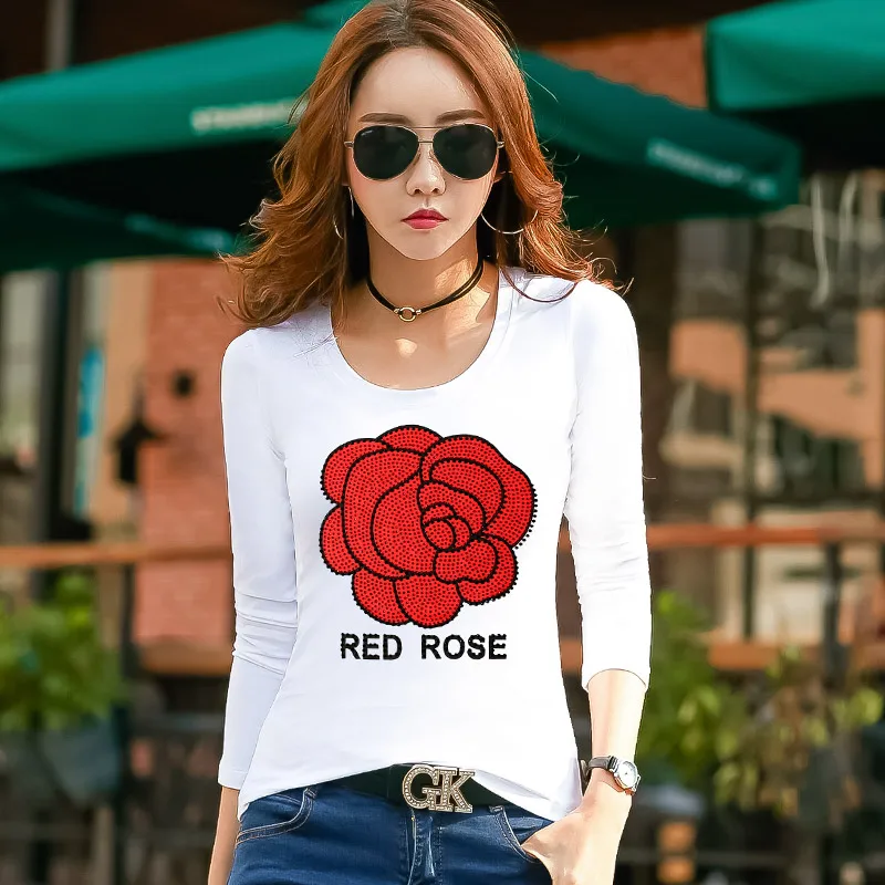 

Women Long Sleeve O Neck Cotton T-shirt Plus Size Autumn Fashion Printed Diamonds Female T-shirt Casual Slim Tops Tee Camisetas