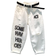 Новинка, весна-осень, повседневные свободные белые джинсы, женские штаны-шаровары с высокой талией и дырками