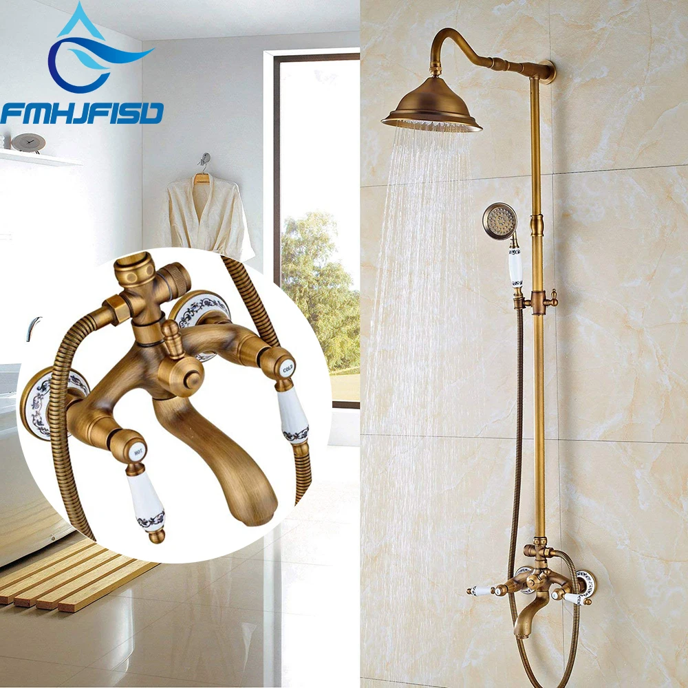 Dual Handle Bath Shower Faucets Antique Brass 8" Round Rain Shower Head