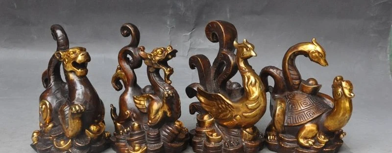

Lucky China Bronze Gilt Fengshui Wealth Money Dragon Tiger Phoenix Turtle Snake