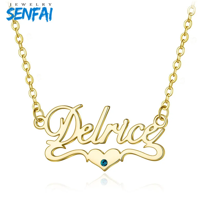 

Senfai Custom Name with Birthstone Necklaces Personalized Customized Name Romantic Heart Pendant Necklace Choker for Women