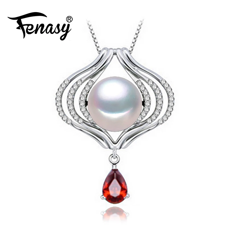 

FENASY Natural Freshwater Pearl Pendant Necklace For Women Romantic Bohemian 925 Sterling Silver Ruby Pendant With Pearl