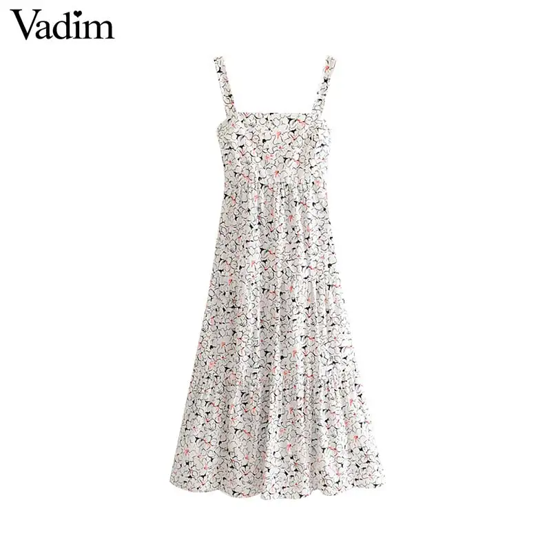 

Vadim women sweet print dress bow tie decorate backless sleeveless female casual ankle length dresses summer vestidos QC376