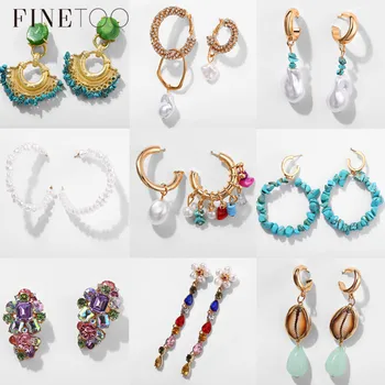 

Fashion Colorful Asymmetrical Irregular Statement Earrings Geometric Natural Stones Pearl Crystal Drop Earrings for Women 2019