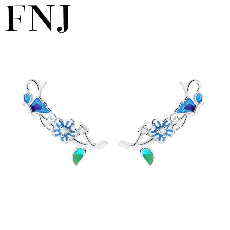 

FNJ 925 Silver Flower Earrings for Women Jewelry Butterfly Paint boucle d'oreille Original S925 Sterling Silver Stud Earring