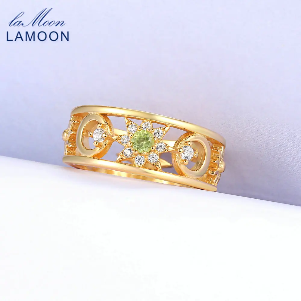 Ламун 100% натуральный Зеленый Перидот кольцо для женщин Moon & Sun S925 Стерлинговое желтое позолоченное ювелирные изделия LMRI077