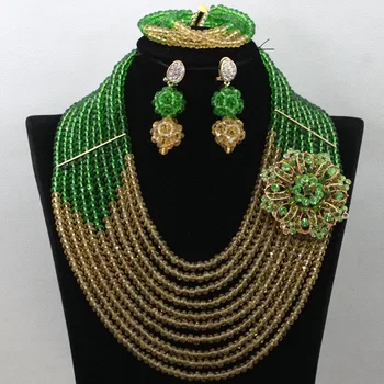 

Fashionable Gold African Crystal Beads Jewelry Set Champagne Nigerian Green Wedding Costume Women Necklace Set Free Ship QW468