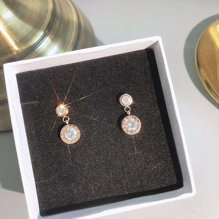 YUN RUO, модные женские серьги-гвоздики в римском стиле с цирконием, розовое золото, титановая сталь, ювелирные изделия, подарок на день рождения, не выцветает