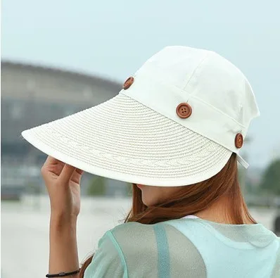 Sun Hat Ladies Wide Brim Straw Women Wide Large Brim Floppy Summer Beach A Sun Hat Straw Hat Button Cap Summer Hats For Women - Цвет: Beige