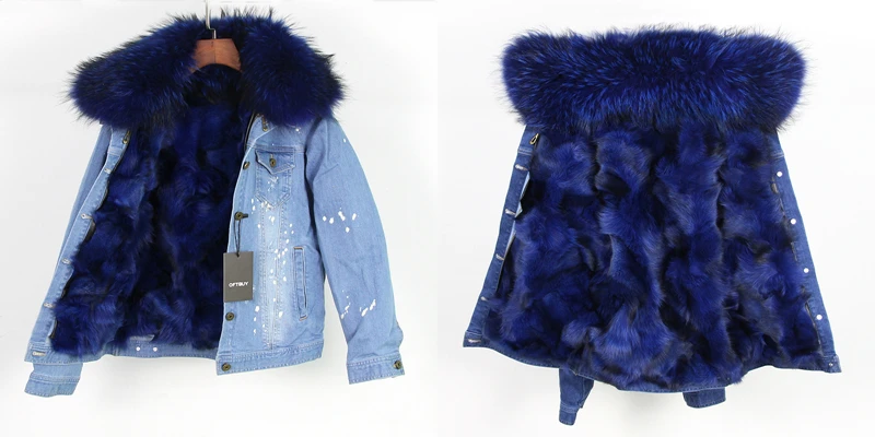 Бренд, осенне-зимняя куртка, пальто, женская джинсовая куртка с дырками, настоящий большой воротник из меха енота и толстая теплая подкладка из натурального Лисьего меха