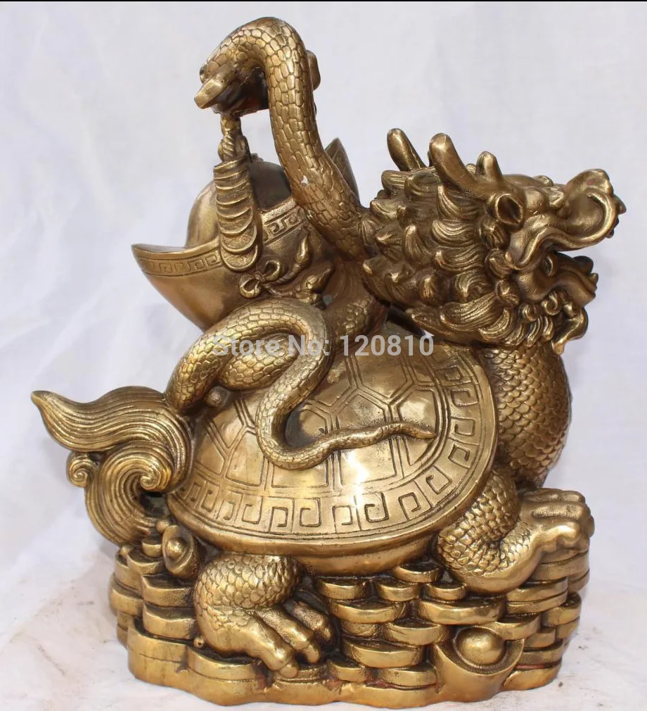 

13" Chinese Bronze Wealth Money Dragon Turtle tortoise Snake YuanBao Statue