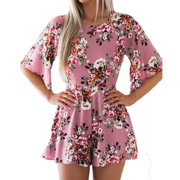 

Women Rompers Elegant Floral Print Short Pleated Overall Female Flare Sleeve Beach Party Jumpsuit