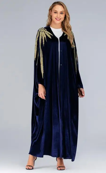 Новая мусульманская абайя платье с вышивкой рукав летучая мышь одежда для женщин Кафтан Ближний Восток длинный халат платья Рамадан Дубай Арабский исламский - Цвет: Синий