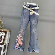 Рваные ковбойские расклешенные брюки женские новые модные аппликации ногтей бусины блестящие джинсы женские узкие эластичные джинсы женские джинсовые брюки