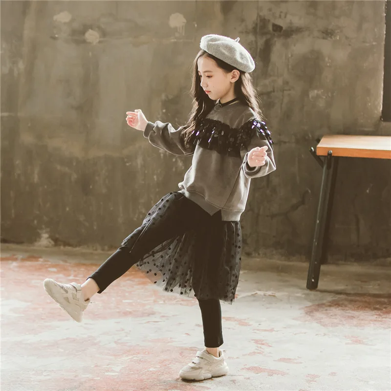

Winter Casual Clothing Set 2Pcs Baby Girls Kids Overalls Skirt Pants + Sequins Pullover Tops Sweatshirt Clothes Outfits Autumn