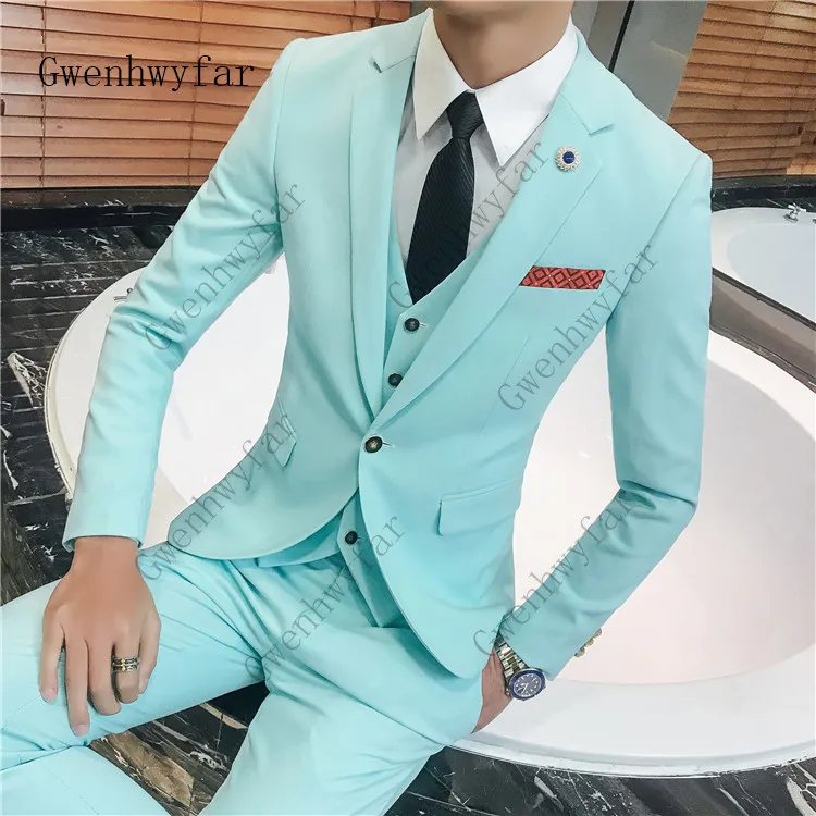 3 предмета Slim Fit Мужские свадебные костюмы для выпускного смокинги Небесно-Голубой пиджак брюки жилет комплект индивидуальный заказ мужской костюм Человек Этап одежда