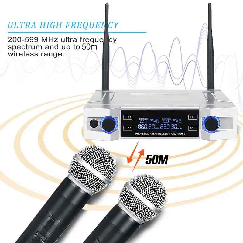 UHF Wireless Microphone System 2 Channel 2 Cordless Handheld Mic Kraoke Speech Party Supplies Cardioid Microphone Black White