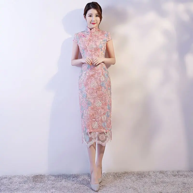 Pink Fashion Chinese style Women's Long Cheongsam New Arrival Summer Lace Dress Elegant Slim Qipao Vestidos Size S M L XL XXL fashion elegant m