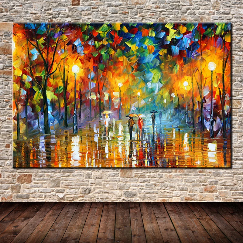 Large Handpainted Lover Rain Street Tree Lamp Landscape Oil Painting On