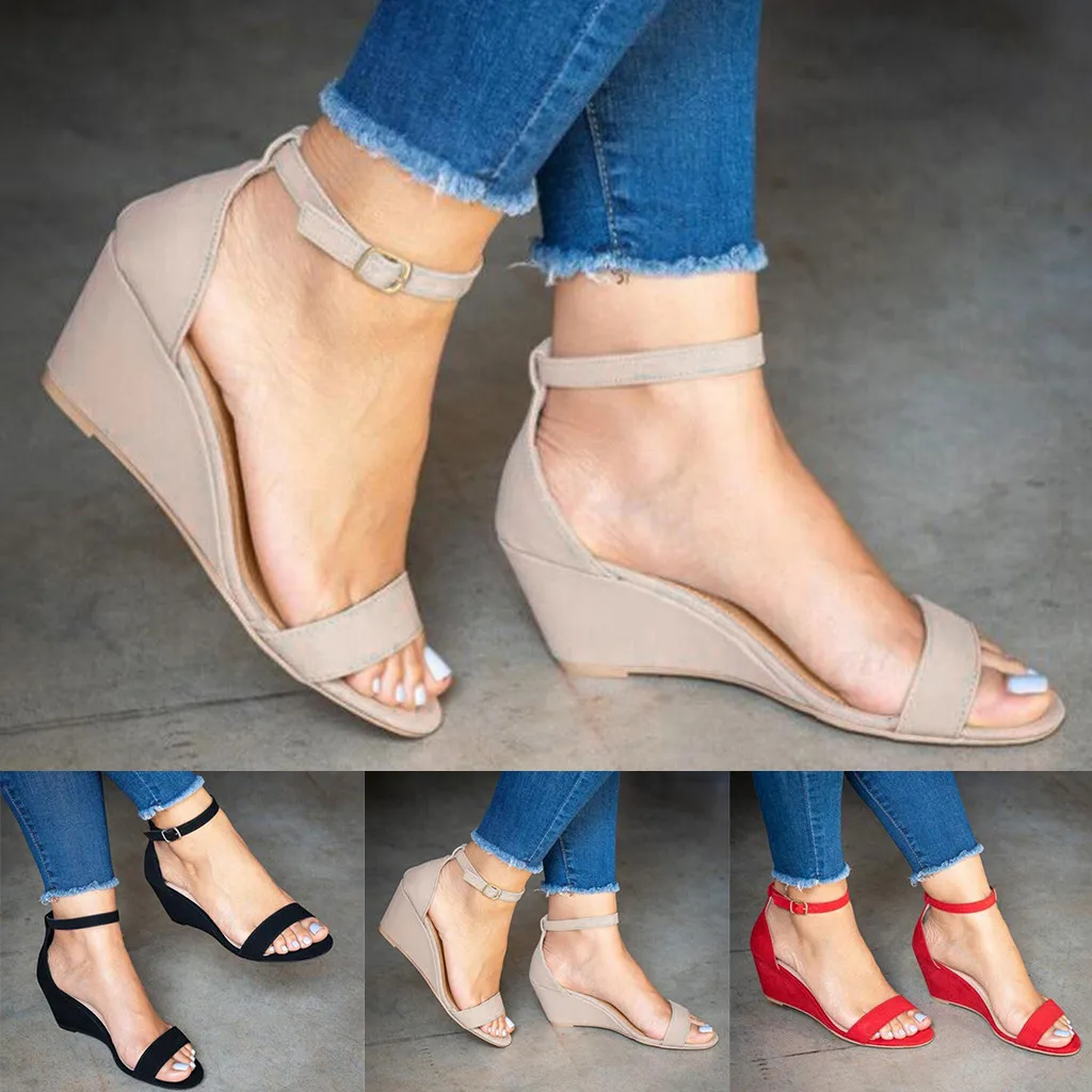 

zapatos mujer 2019 ayakkabi buty damskie shoes Women's Ladies Fashion Solid Buckle Ankle Strap Wedges Sandals Casual Shoes #4gh