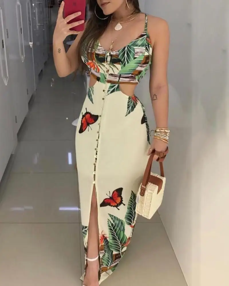 

2019 New Sexy Floral Dress Women Hollow Out Spaghetti Strapless Flower Printed Dress Sleeveless Boho Style Maxi Dress For Party