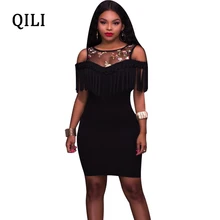 QILI Women Cold Shoulder Sexy Dress O-Neck Mesh Patchwork Embroidery Tassel Dresses Elegant Lady Party Streetwear Bodycon Dress round neck cold shoulder womens bodycon dress