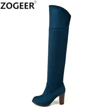 Большие размеры 48; модные женские сапоги из флока; пикантные повседневные Сапоги выше колена; пикантные сапоги на толстом высоком каблуке; женская обувь; Цвет черный, синий