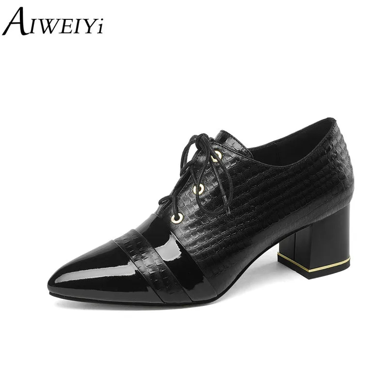 

AIWEIYi Genuine Leather High Heels Pointed toe Lace Up Platform Pumps Spring Autumn Square High Heels Dress Party Pumps Shoes