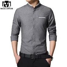 MIACAWOR, однотонная мужская рубашка, весенняя, с длинным рукавом, Camisa Masculina, со стоячим воротником, Повседневная рубашка, приталенная, Chemise Homme MC278