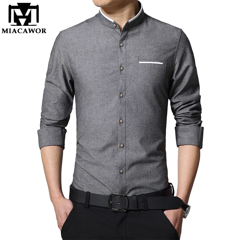 Goedkoop MIACAWOR Effen Kleuren Shirt Mannen Lente Lange Mouw Camisa Masculina Stand Kraag Casual Shirts Slim Fit Chemise Homme MC278