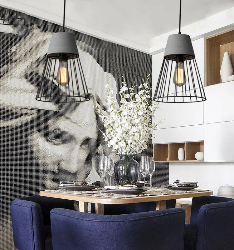 Post Modern Hanging Cement Pendant Lamp Contemporary Concrete Black Caged Pendant Lights Wrought Iron Lighting Fixture Edison (3)