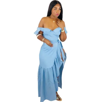 

2019 Women Summer Slash Neck V-Neck Patchwork Two Piece Set Sexy Split Splicing Ruffles Party Crop Top And Maxi Skirt