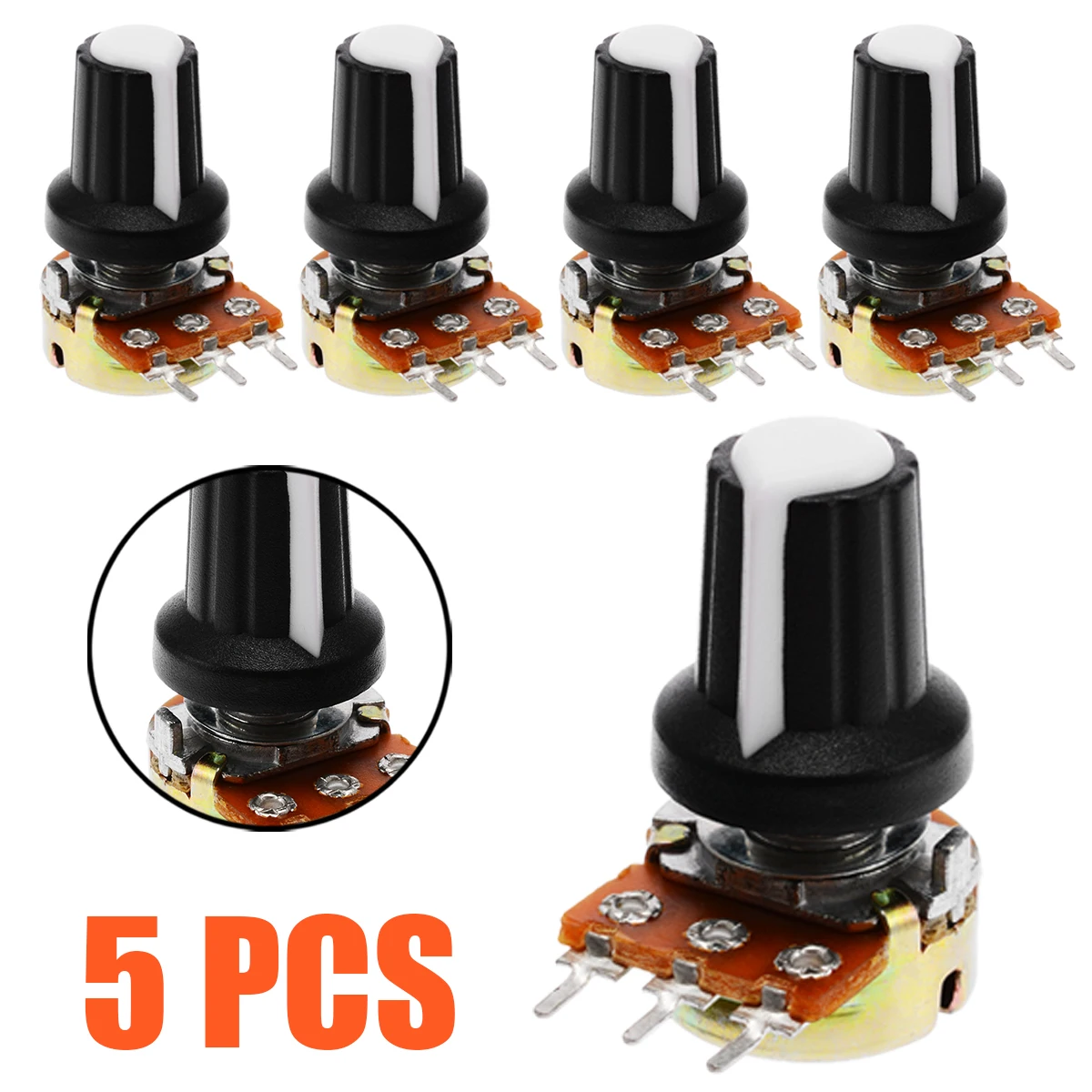 

5 Piece 10K OHM 15mm Resistor Potentiometer & Knobs Cap 3 Pin Linear Taper Mono Stereo Pot Rotary Potentiometer