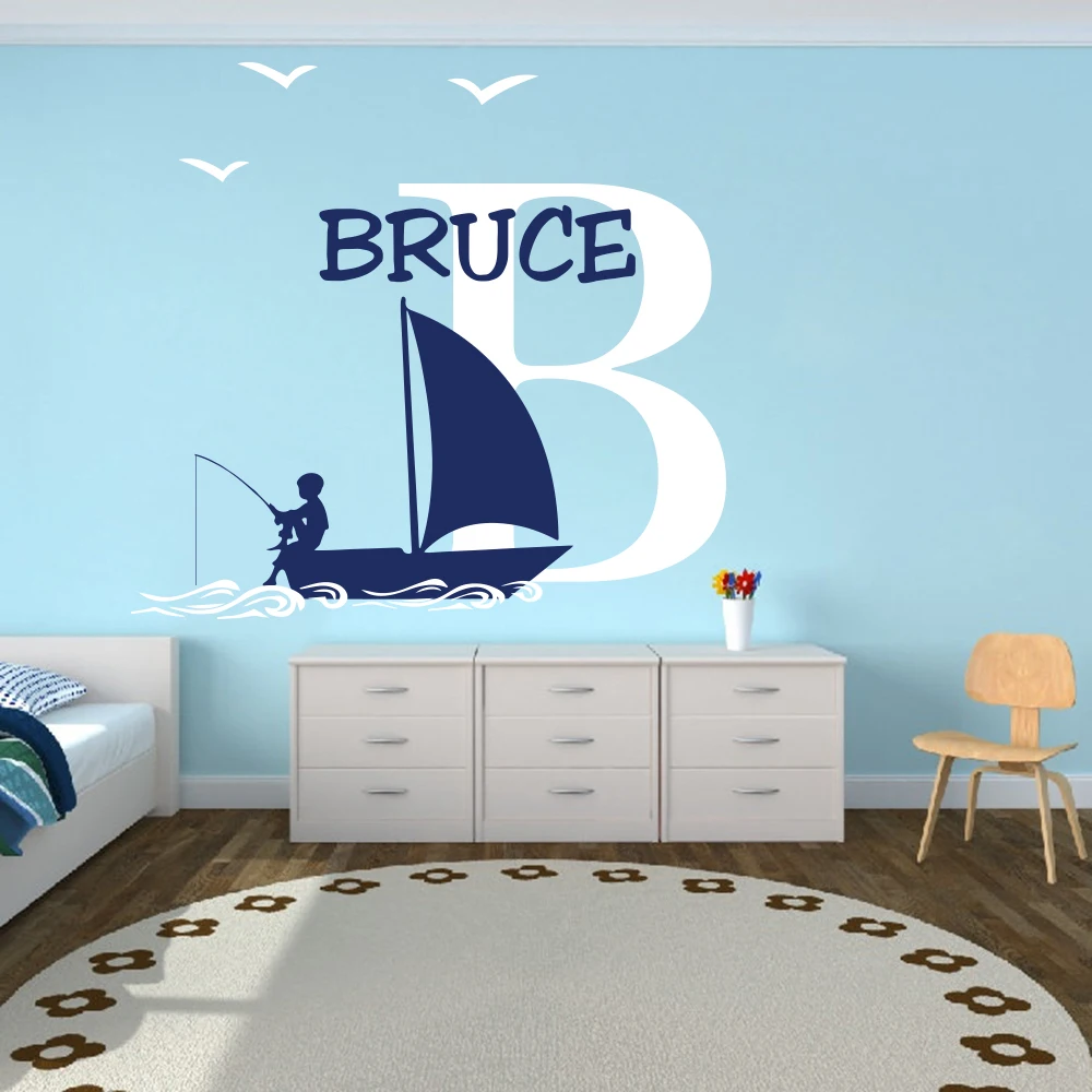 Custom Name Boat Boy Fish Wall Decal Kids Room Bedroom Personalized Name Boat Fishing Bird Wave Wall Sticker Boy Room Vinyl Art (5)