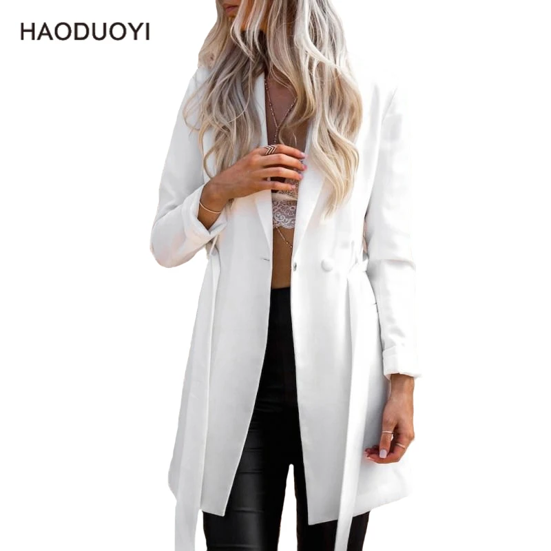 Women White Blazer Suit Jacket Coat Tie Waist One Button Slim Fit