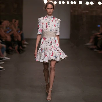 

European leg Ukraine 2016 Runway Hot High-end Luxury Vintage Printing Pleated Beaded Backless Women Summer Dress