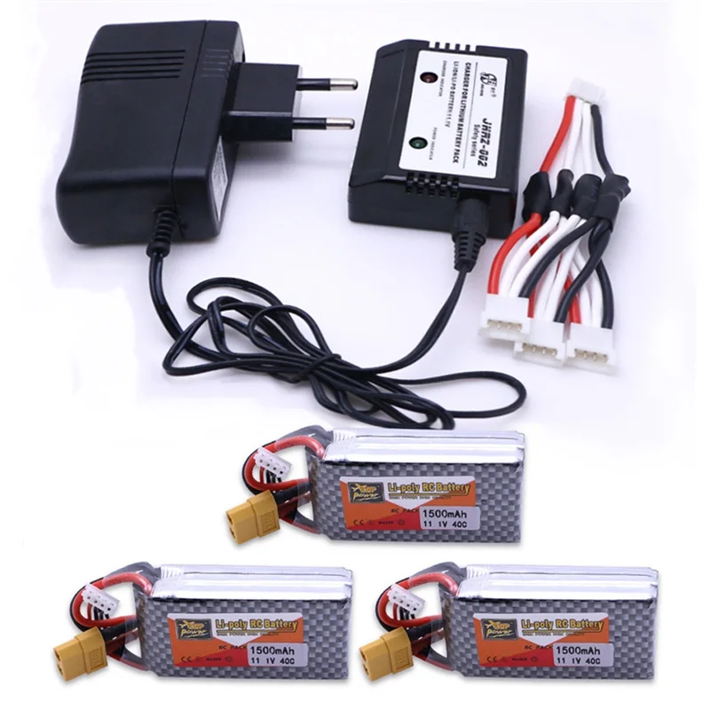 

3pcs 11.1V 1500Mah 3S 40C XT60 Plug Lipo Battery with 3in1 EU Lipo Charger Set and Charging Cable for RC helicopter car boat toy