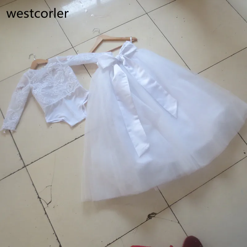 С длинным Рукавом Девушки Цветка Тюль Платья 2 из двух Частей платье де noiva Pageant