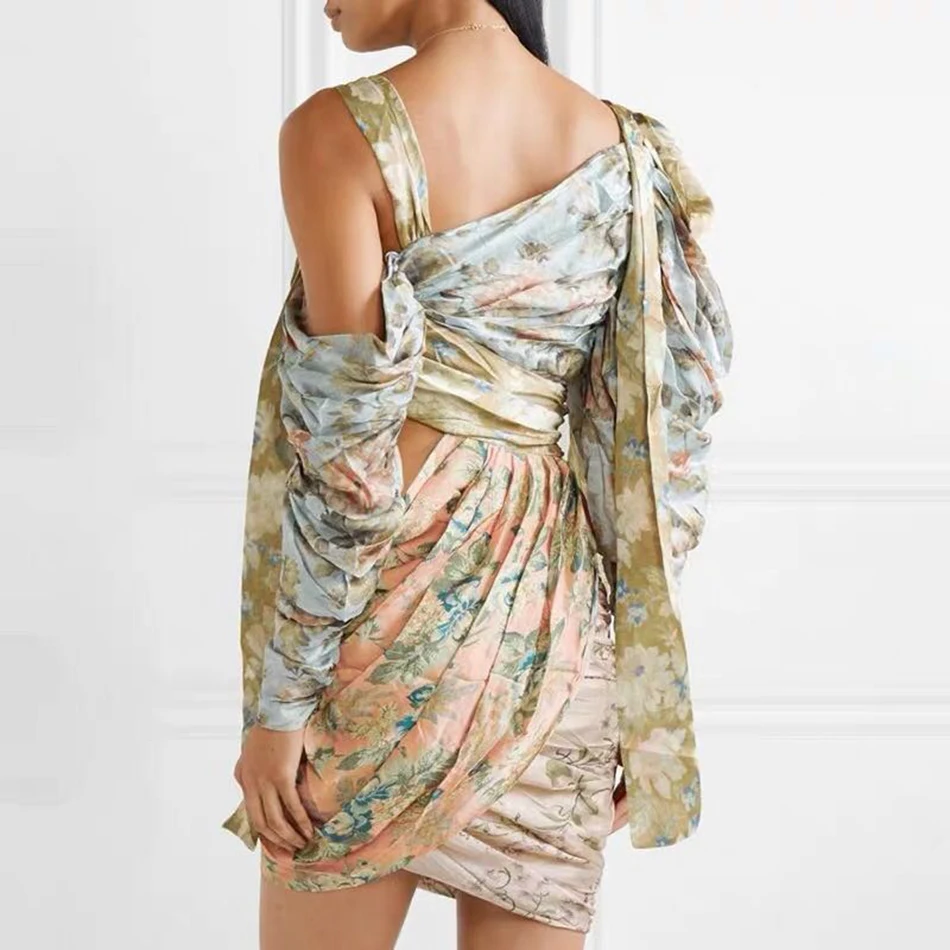 Amily. c распродажа богемное подиумное высококачественное Плиссированное Сексуальное мини пляжное шифоновое платье с принтом и длинными рукавами роскошное платье