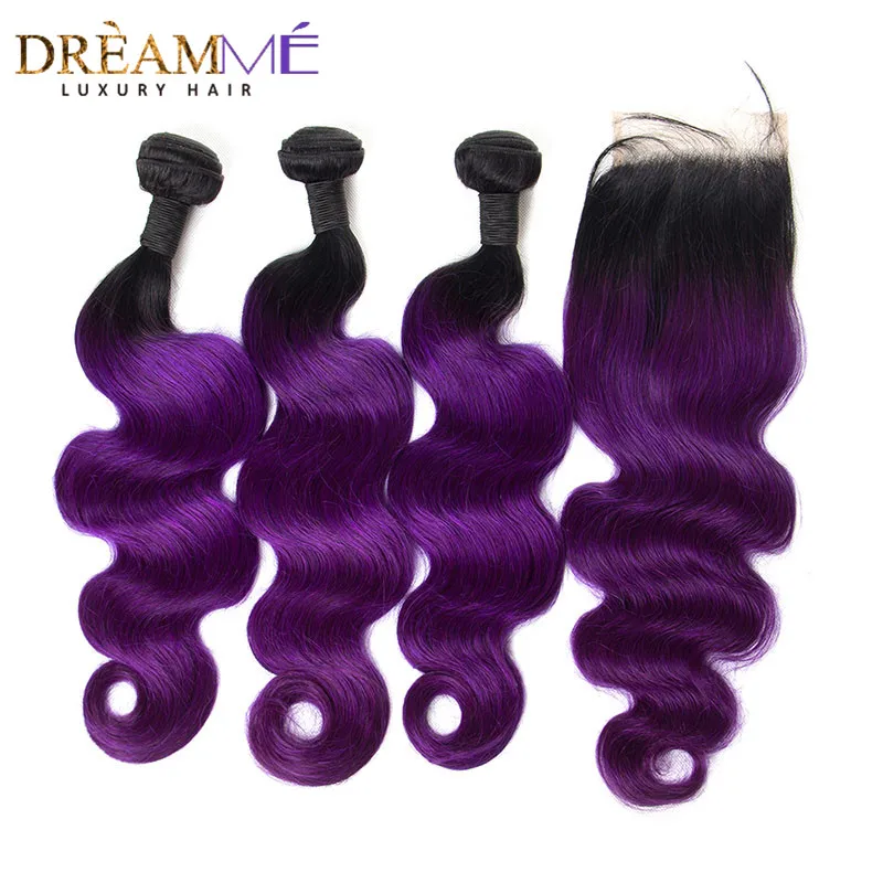 

1B Purple Human Hair Bundles With Closure 3 Bundles With Lace Closure Dark Roots T1B/Purple Ombre Blonde Peruvian Body Wave Remy
