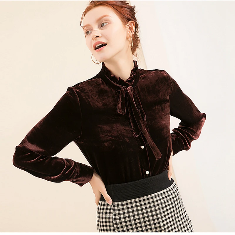 Chemise Marron Top Design Manches Blouse Velours Mode Nouvelle Bouton Soie Femmes 16 Longues Cou Solide Arc Décoration Vintage 2018 RAwpf