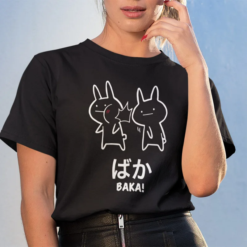 Baka Rabbit Slap футболка японские забавные аниме топы женские короткий рукав хлопок o-образный вырез Футболка европейский размер новинка японская футболка - Цвет: Black