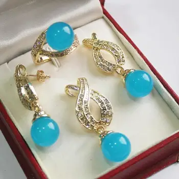 

Hot! beautiful new jewelry 18KGP + 12mm blue jade pendant, earring, , ring set AA1013