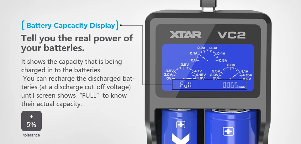 XTAR VC2 Универсальный ЖК-экран дисплей XTAR VC2 зарядное устройство для 10440/16340/14500/14650/17670/18350/18500/18650