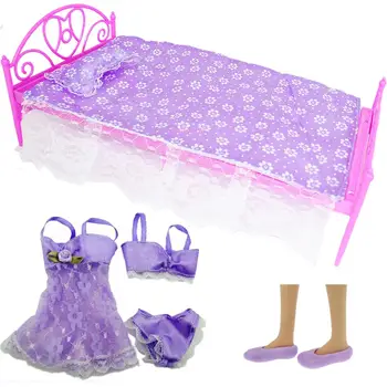 

3 Set Purple Bedroom Accessories = 1x Bed + 1x Pajamas + 1x Flat Shoes Dollhouse Accessories Clothes For Barbie Doll DIY Toy