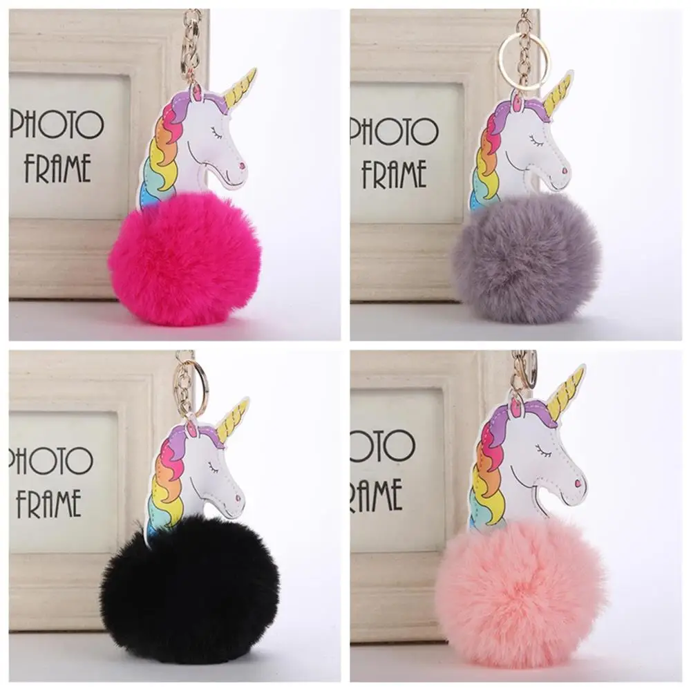 Unicorn Pompom Keychain Fake Rabbit Fur Ball Fluffy Horse Key Chain Bag Car Keyring llavero mujer chaveiros trinket Jewelry