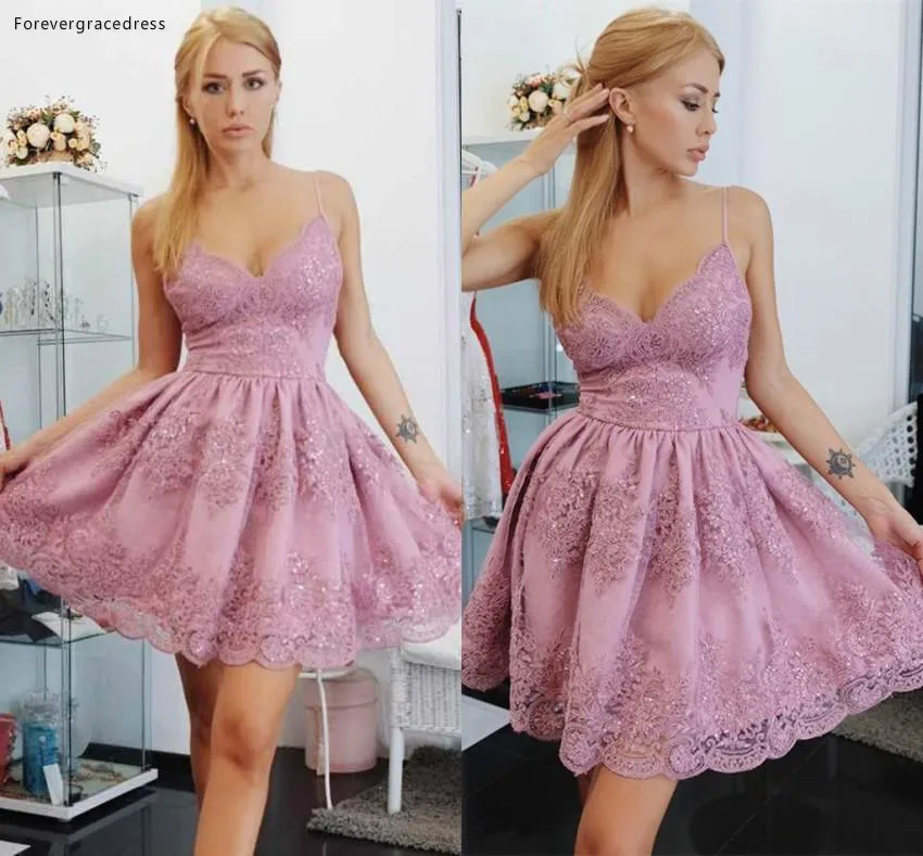 Dusty Pink Short Homecoming Dresses A Line Spaghetti Straps Applique Sequins Knee Length Prom Gowns Sweet 16 Graduation Dress  119
