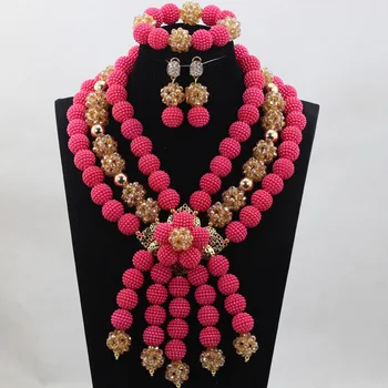 

Fabulous Pink and Gold Beaded Balls Wedding Statement Necklace Set Fashion Jewelry Set Birthday Gift Shipping WD379
